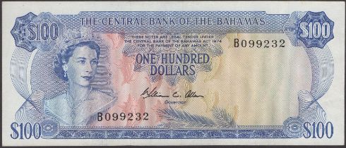 Central Bank of the Bahamas, $100, 1974, serial number B099232, Allen signature, original pa...