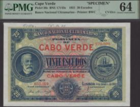 Banco Nacional Ultramarino, Cape Verde, printers' archival specimen 20 Escudos, 1 January 19...