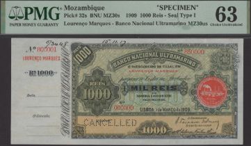 Banco Nacional Ultramarino, Mozambique, printers' archival specimen 1000 Reis, 1 March 1909,...