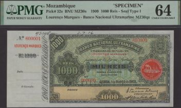 Banco Nacional Ultramarino, Mozambique, printers' archival specimen 1000 Reis, 1 March 1909,...