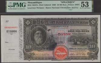 Banco Nacional Ultramarino, Mozambique, specimen 10 Mil Reis, 2 January 1908, red ink serial...