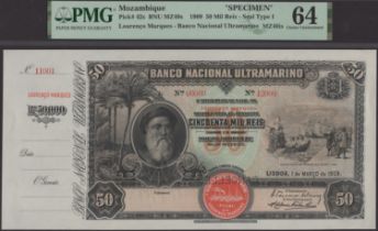 Banco Nacional Ultramarino, Mozambique, printers' archival specimen 50 Mil Reis, 1 March 190...