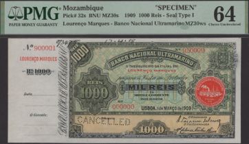 Banco Nacional Ultramarino, Mozambique, printers' archival specimen 1000 Reis, 1 March 1909,...