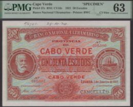 Banco Nacional Ultramarino, Cape Verde, printers' archival specimen 50 Escudos, 1 January 19...