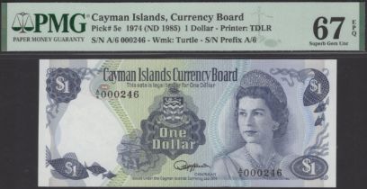 Cayman Islands Currency Board, $1, 1974 (1985), serial number A/6 000246, Jefferson signatur...