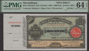 Banco Nacional Ultramarino, Mozambique, specimen 1000 Reis, 2 January 1908, no serial number...