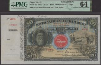Banco Nacional Ultramarino, Cape Verde, printers' archival specimen 20 Mil Reis, 1 March 190...
