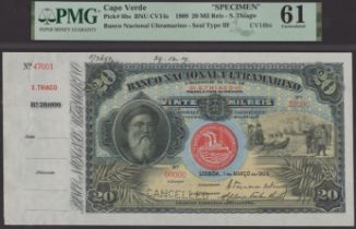 Banco Nacional Ultramarino, Cape Verde, printers' archival specimen 20 Mil Reis, 1 March 190...