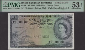 British Caribbean Territories, specimen $100, 2 January 1957, serial number A2-000000, Larti...