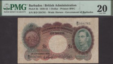 Government of Barbados, $1, 1 September 1939, serial number B/D 334 761, in PMG holder 20, v...