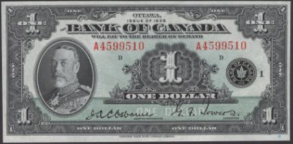 Banque du Canada, $1, 1935, serial number A4599510, Osbourne and Towers signatures, original...
