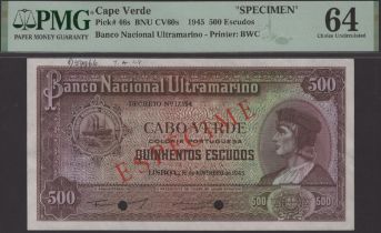 Banco Nacional Ultramarino, Cape Verde, specimen 500 Escudos, ND (1945), no serial numbers,...