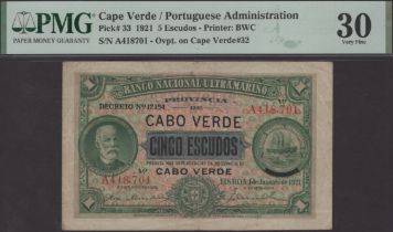 Banco Nacional Ultramarino, Cape Verde, 5 Escudos on 1 Escudo, 1937 (old date 1 January 1921...