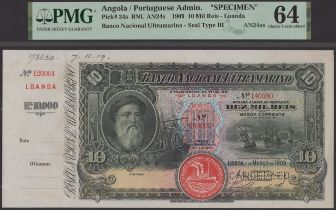 Banco Nacional Ultramarino, Angola, printers' archival specimen 10 Mil Reis, 1 March 1909, s...