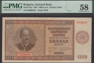 Bulgarian National Bank, 1000 Leva, 1942, serial number P 0398497, in PMG holder 58, choice...