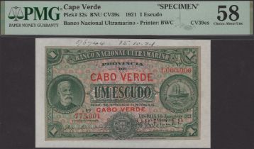 Banco Nacional Ultramarino, Cape Verde, printers' archival specimen 1 Escudo, 1 January 1921...