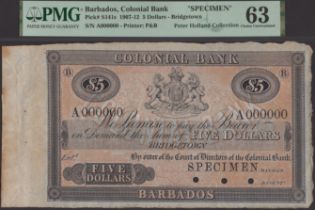 Colonial Bank, Barbados, specimen $5, Bridgetown, ND (ca 1907), serial number A000000, rever...