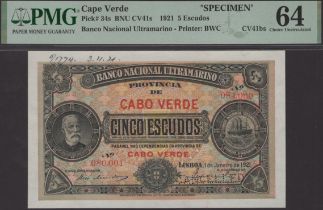 Banco Nacional Ultramarino, Cape Verde, printers' archival specimen 5 Escudos, 1 January 192...