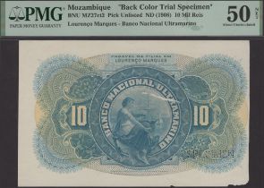 Banco Nacional Ultramarino, Mozambique, reverse colour trial for 10 Mil Reis, ND (1908), per...