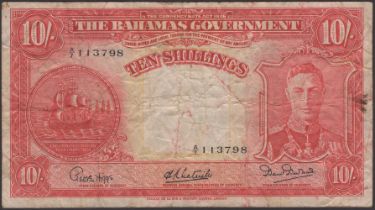 Bahamas Government, 10 Shillings, ND (1947), serial number A/7 113798, Higgs, Latreille and...