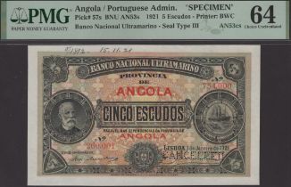 Banco Nacional Ultramarino, Angola, printers archival specimen 5 Escudos, 1 January 1921, se...