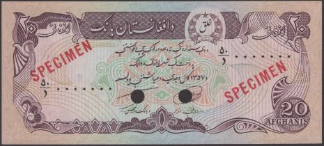 Afghanistan Bank, specimen 20 Afghanis, SH1357/1978, zero serial numbers, Hakim and Misaq si...