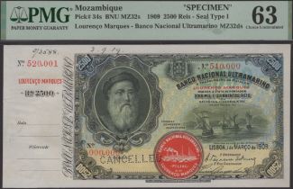 Banco Nacional Ultramarino, Mozambique, printers' archival specimen 2500 Reis, 1 March 1909,...