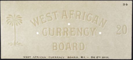 West African Currency Board, watermarked paper for 20 Shillings (3), issue of 1928-51, glued...