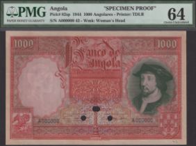 Banco de Angola, specimen 1000 Angolares, 1 June 1944, serial number A000000, several cancel...