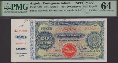 Banco Nacional Ultramarino, Angola, printers' archival specimen 20 Centavos, 5 November 1914...