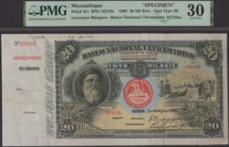 Banco Nacional Ultramarino, Mozambique, printers' archival specimen 20 Mil Reis, 1 March 190...