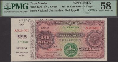 Banco Nacional Ultramarino, Cape Verde, printers' archival specimen 20 Centavos, 5 November...