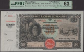 Banco Nacional Ultramarino, Mozambique, printers' archival specimen 50 Mil Reis, 1 March 190...