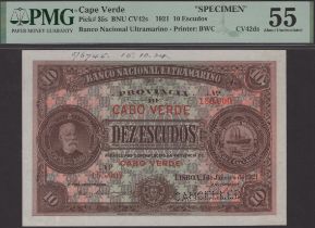 Banco Nacional Ultramarino, Cape Verde, printers' archival specimen 10 Escudos, 1 January 19...