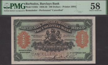 Barclays Bank, Dominion, Colonial and Overseas, Barbados, specimen $100, 1 September 1926, n...