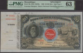 Banco Nacional Ultramarino, Mozambique, printers' archival specimen 20 Mil Reis, 1 March 190...