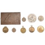 Miscellaneous base metal and plated medals and an electrotype plaque (9), all connected with...