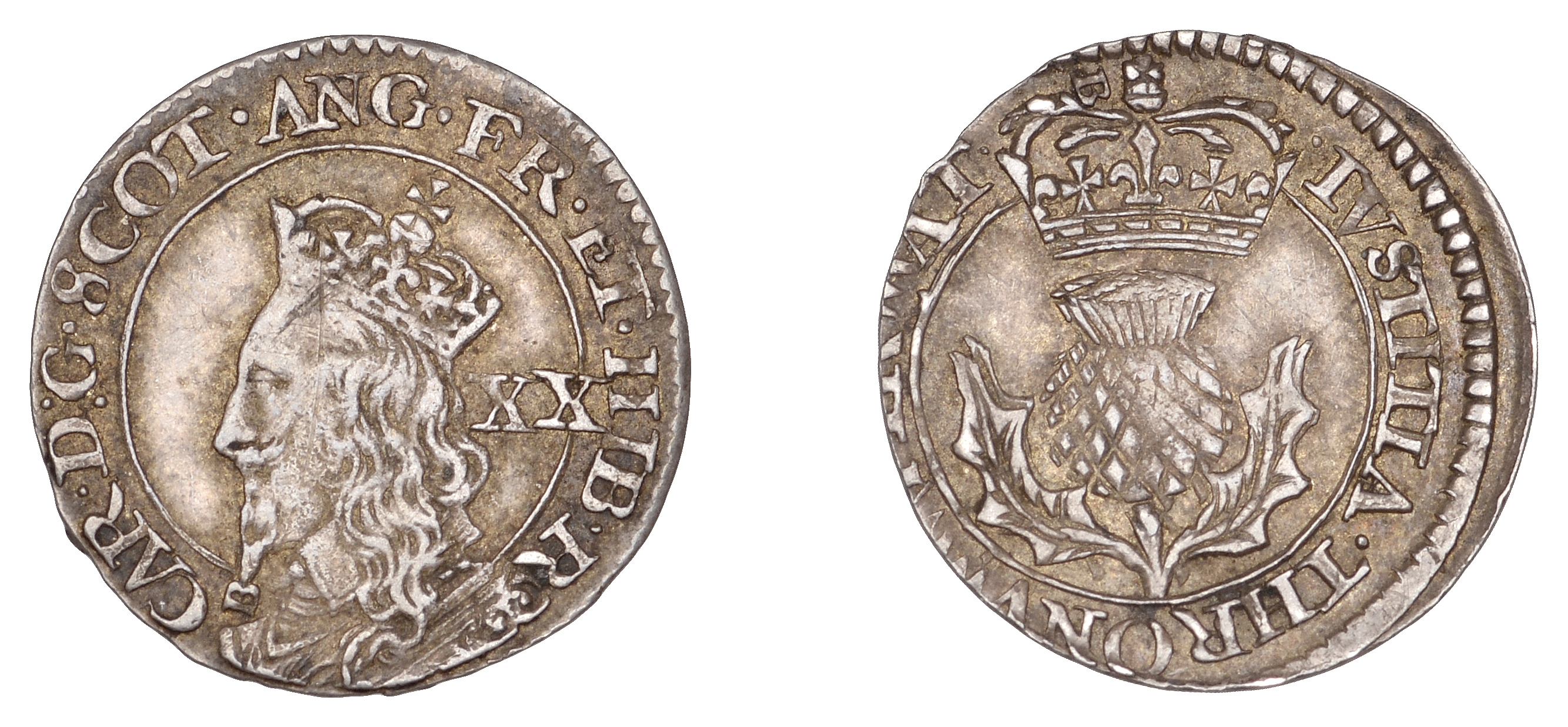 Charles I (1625-1649), Third coinage, Briot's issue, Twenty Pence, no mm., signed b below ch...