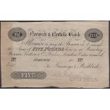 Norwich & Norfolk Bank, for Gurneys & Birkbeck, specimen/proof on paper for Â£5, 18-, no sign...