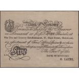 Bank of Economy, for G. Lains, a note in the style of a Bank of England Â£5, promising to 'Su...