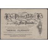 Please Note, an advertisement in the form of a Â£5 note for Aerial Flashes at the Theatre Ro...