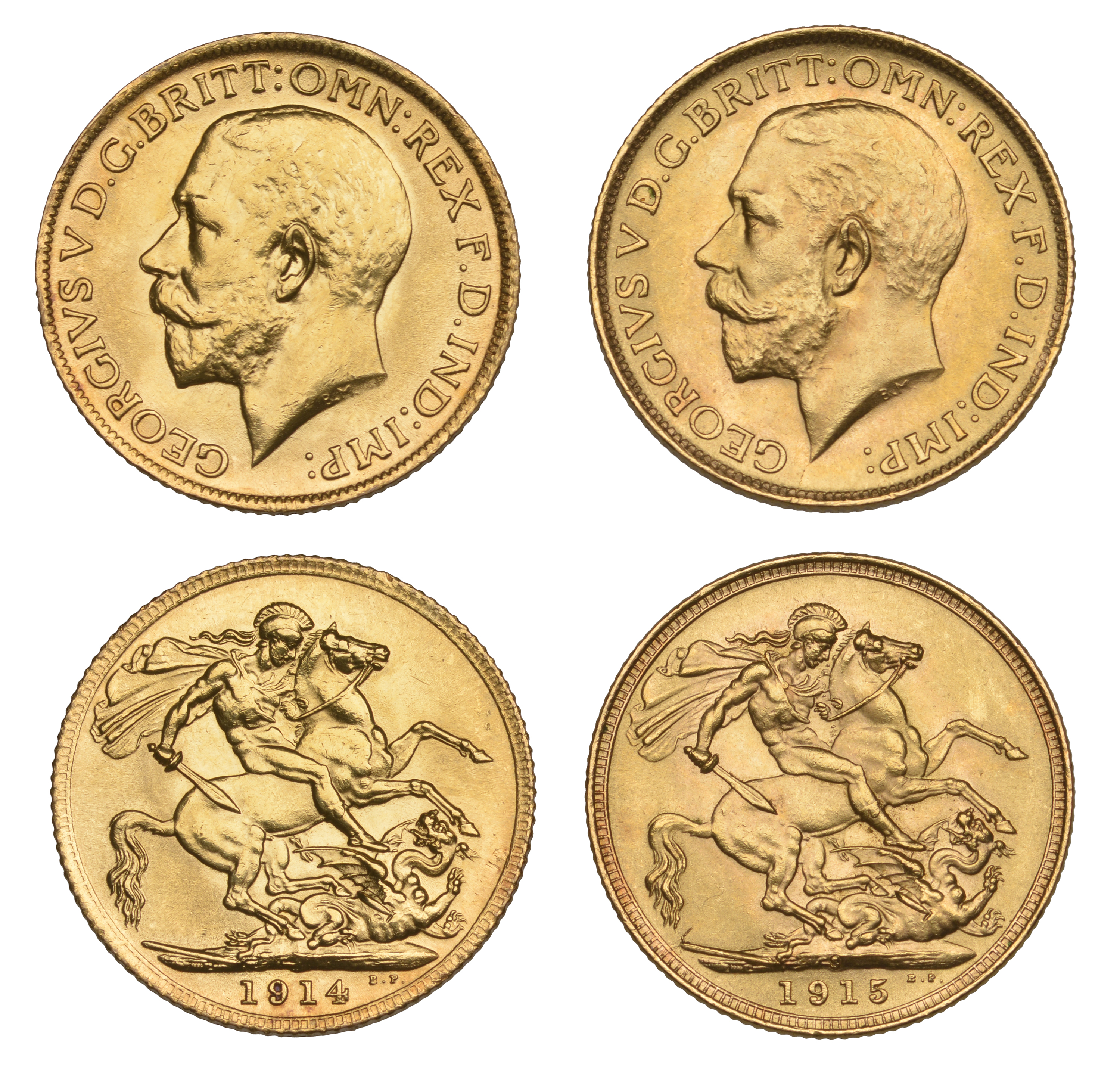 George V (1910-1936), Sovereigns (2), 1914, 1915s (S 3996, 4003) [2]. Extremely fine and bet...