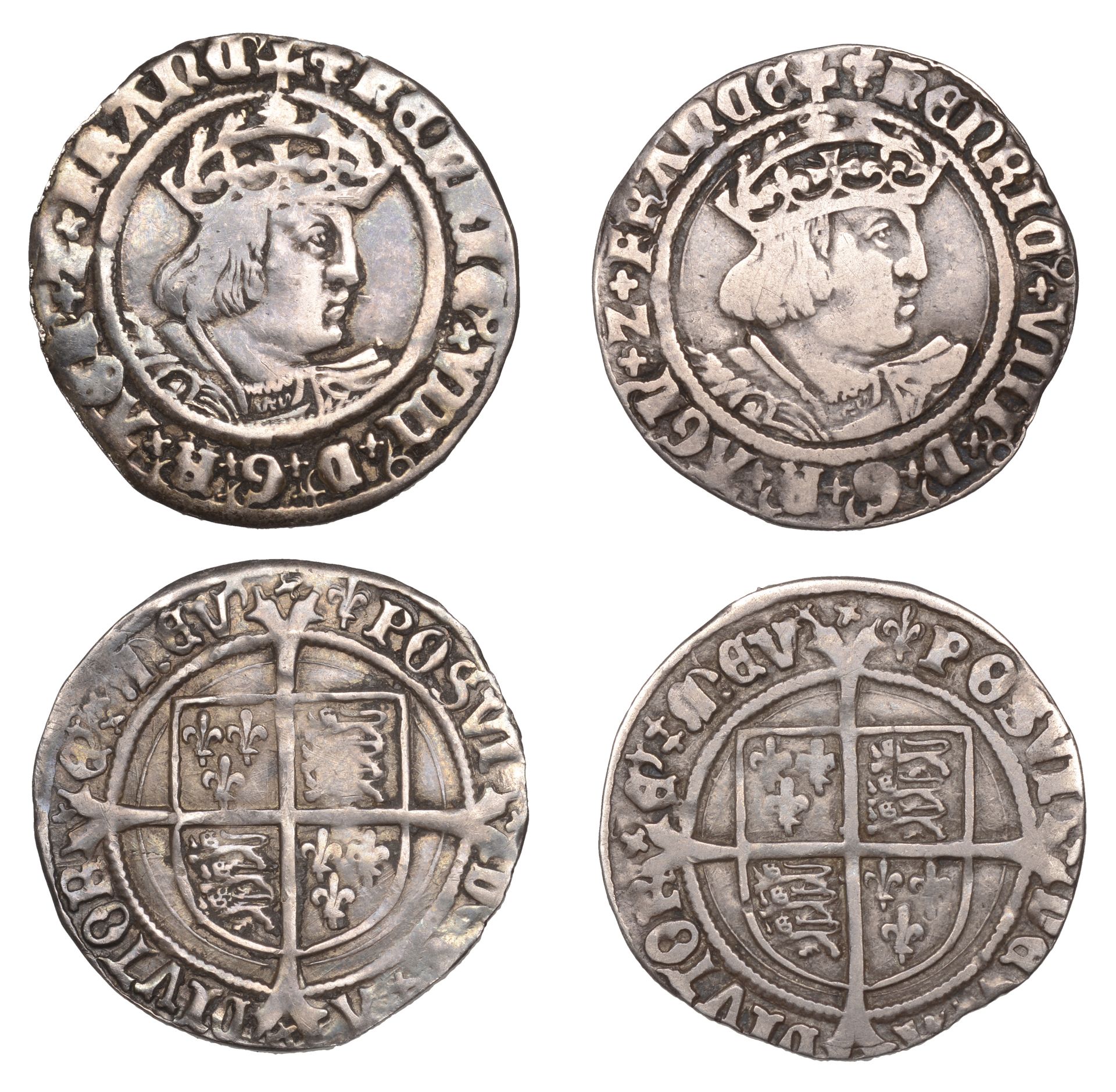 Henry VIII (1509-1547), Second coinage, Groats (2), both Tower, mm. lis, bust D, 2.72g/12h,...