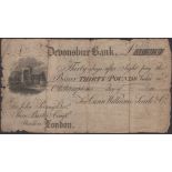 Devonshire Bank, Okehampton, for Cann, Williams, Searle & Co., unissued Â£30, 18-, no serial...