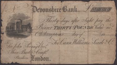 Devonshire Bank, Okehampton, for Cann, Williams, Searle & Co., unissued Â£30, 18-, no serial...