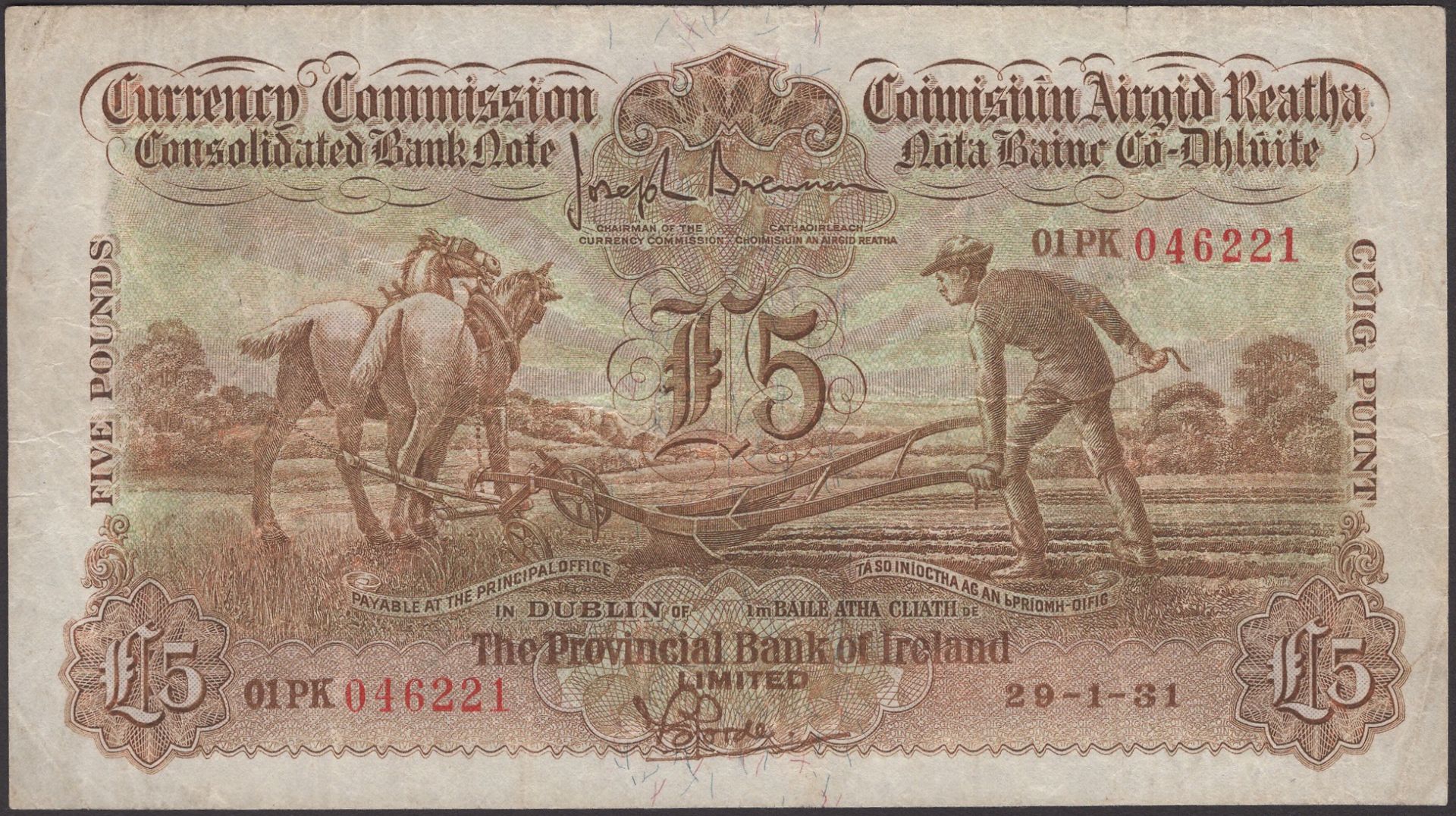 Currency Commission, Provincial Bank, Â£5, 29 January 1931, serial number 01PK 046221, Brenna...