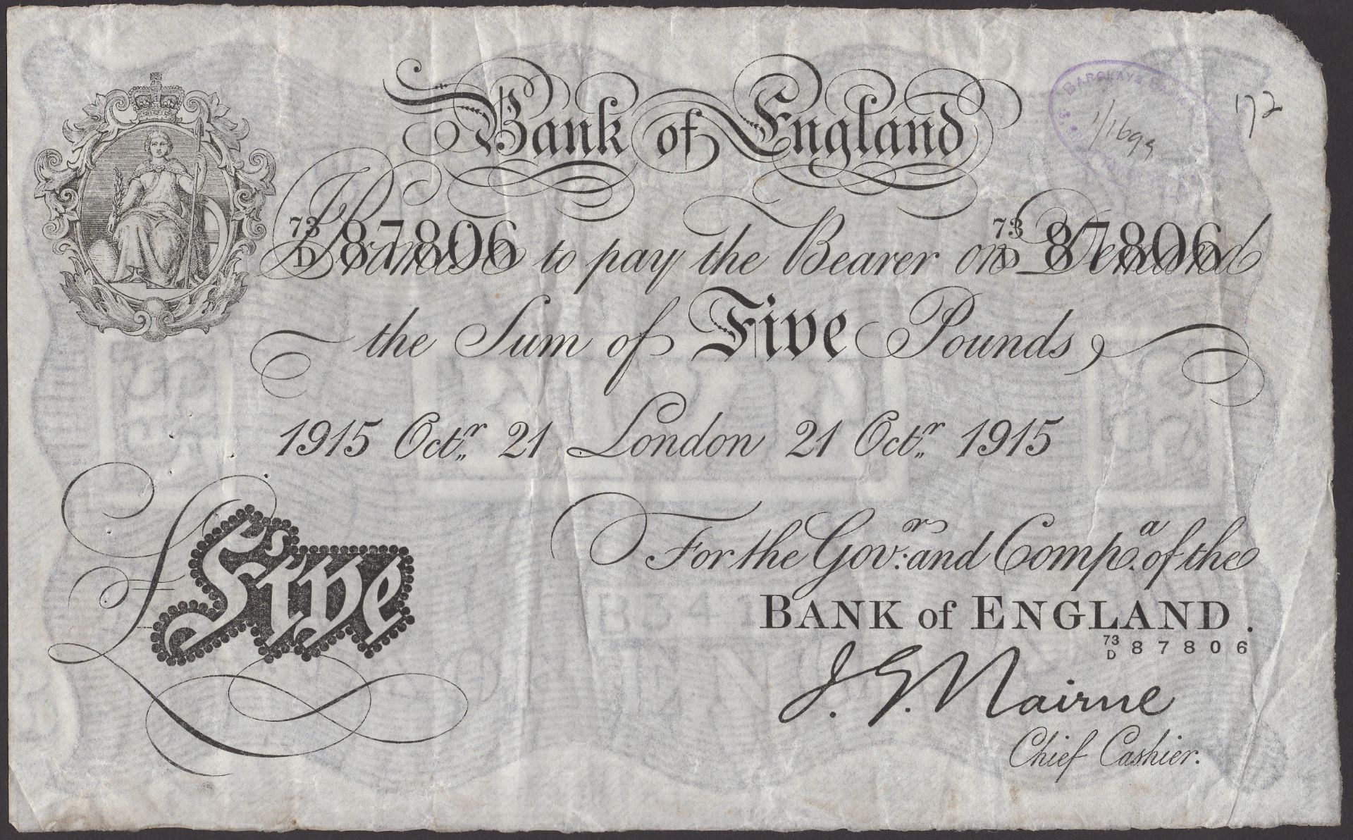 Bank of England, John G. Nairne, Â£5, London, 21 October 1915, serial number 73/D 87806, pinh...
