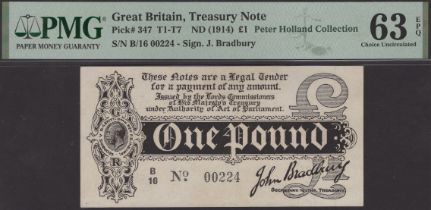 Treasury Series, John Bradbury, Â£1, 7 August 1914, serial number B/16 00224, in PMG holder 6...