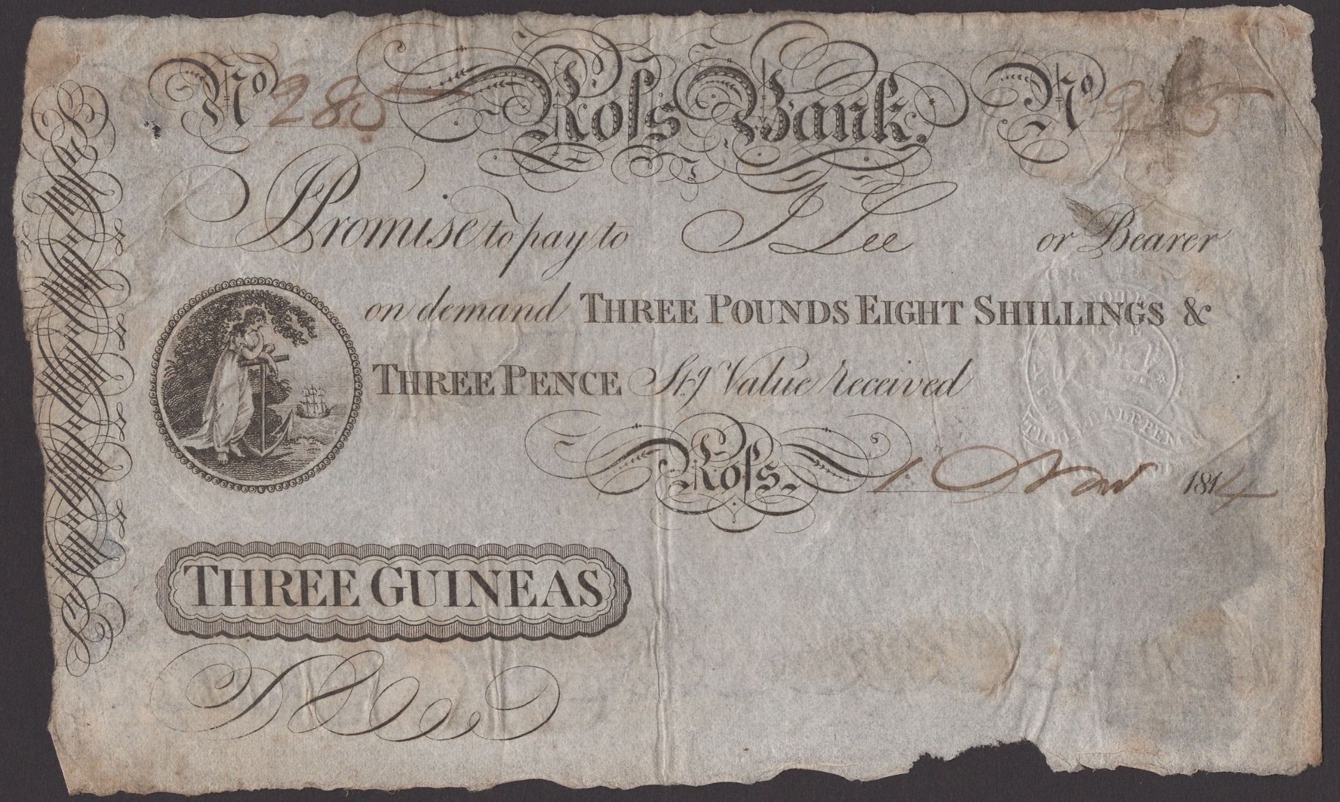 Ross Bank, 3 Guineas (3 Pounds, 8 Shillings and 3 Pence), 1 November 1814, serial number 285... - Bild 3 aus 4