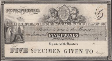 Mirfield & Huddersfield District Banking Company, proof Â£5, Huddersfield, 18-, no serial num...